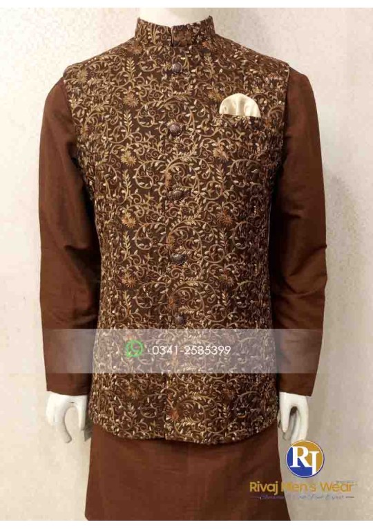 Dark Brown Embroidered Waistcoat