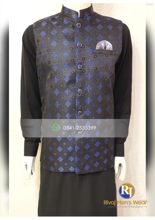 Black and Blue Jacquard Waistcoat