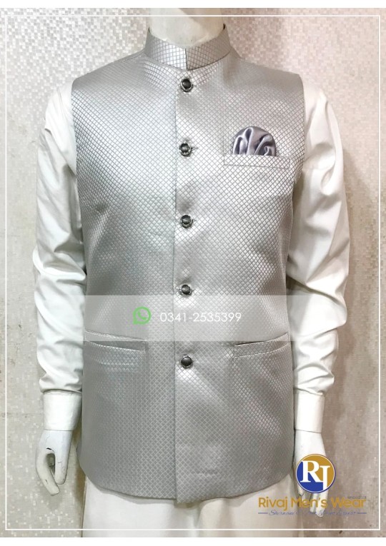 Silver Grey Square Jamawar Waistcoat