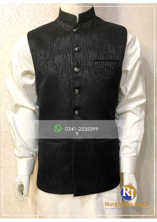 Black Jacquard Fancy Buttons Waistcoat