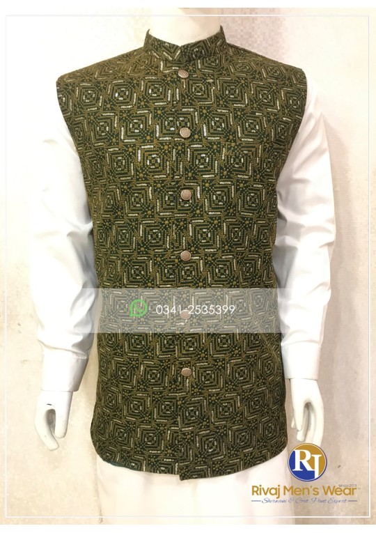 Dark Green Multi Color Embroidered Waistcoat