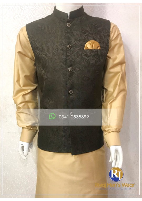 Mehendi Green Jacquard Embossed Waistcoat