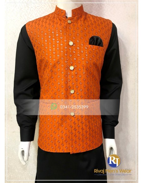 Orange  Raw Silk Embroidered Waistcoat 