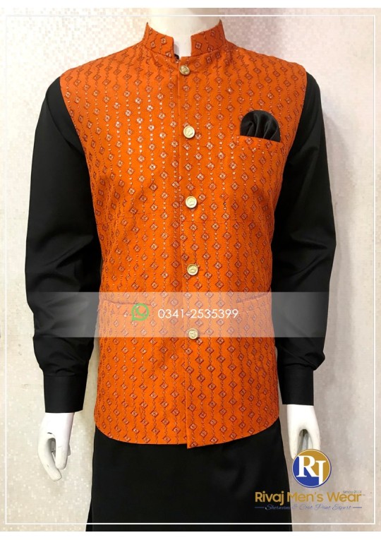 Orange  Raw Silk Embroidered Waistcoat 