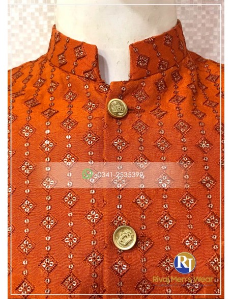 Orange  Raw Silk Embroidered Waistcoat 