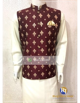 Maroon Jamawar Embroidered Waistcoat