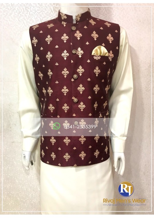 Maroon Jamawar Embroidered Waistcoat