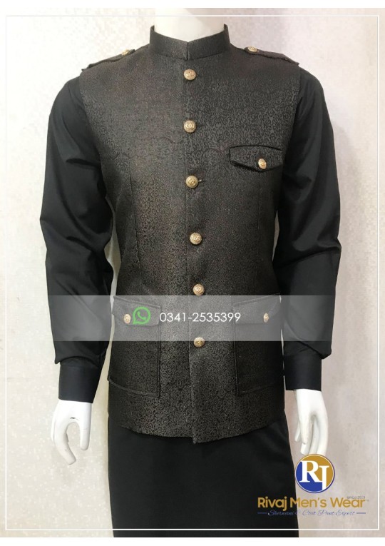 Chocolate Brown Jamawar Pocket Style Waistcoat