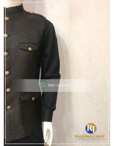 Chocolate Brown Jamawar Pocket Style Waistcoat