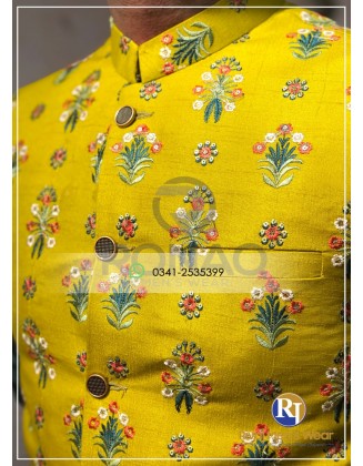 Titanium Yellow Raw Silk Embroidered Waistcoat
