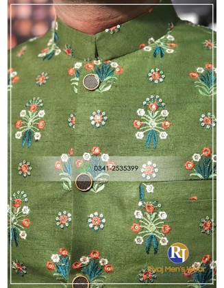 Military Green Raw Silk Embroidered Waistcoat