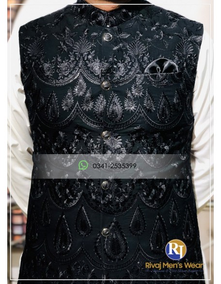 Black Galaxy Embroidered Border Style Waistcoat