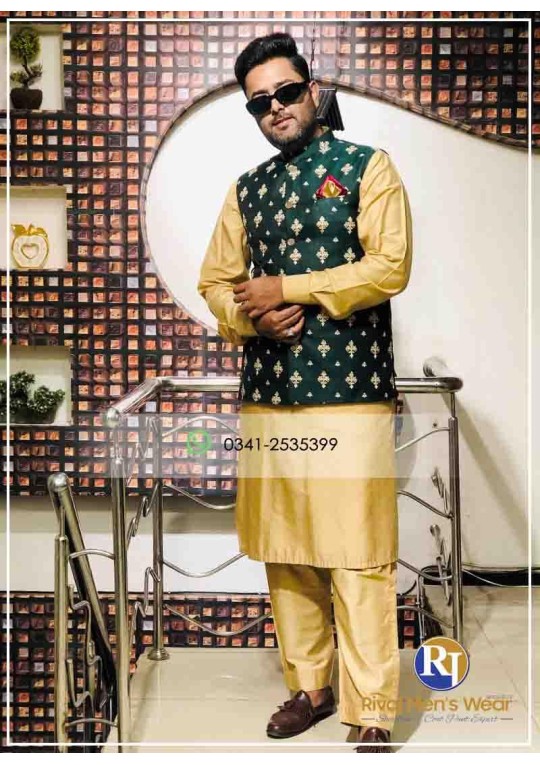 Dark Green Jamawar Embroidered Waistcoat