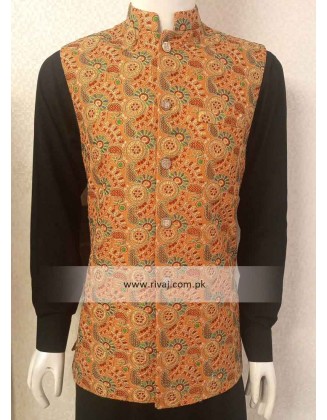 Orange Multi Color Embroidered Fabric Waistcoat