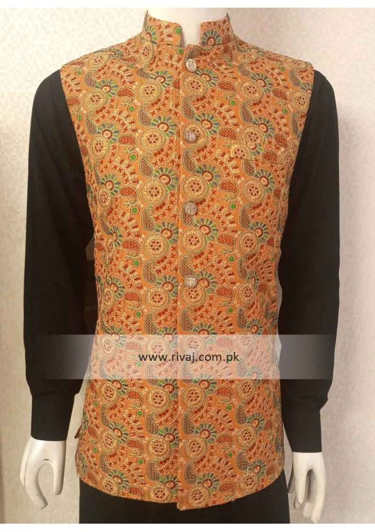 Orange Multi Color Embroidered Fabric Waistcoat