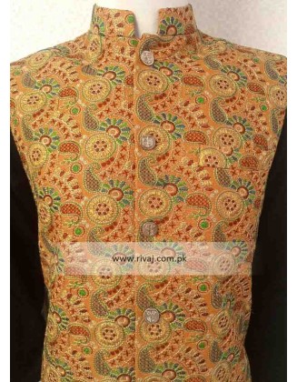 Orange Multi Color Embroidered Fabric Waistcoat