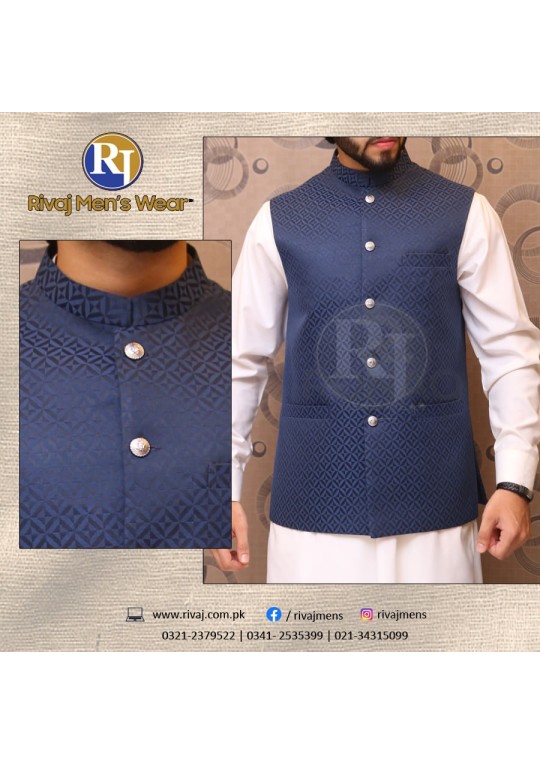 Blue Self Print Suiting Waistcoat