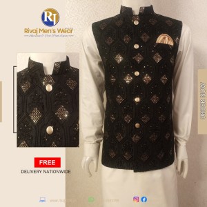 Black with Golden Galaxy Embroidered Waistcoat