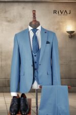Sky Blue 3 Piece Coat Pant For Mens