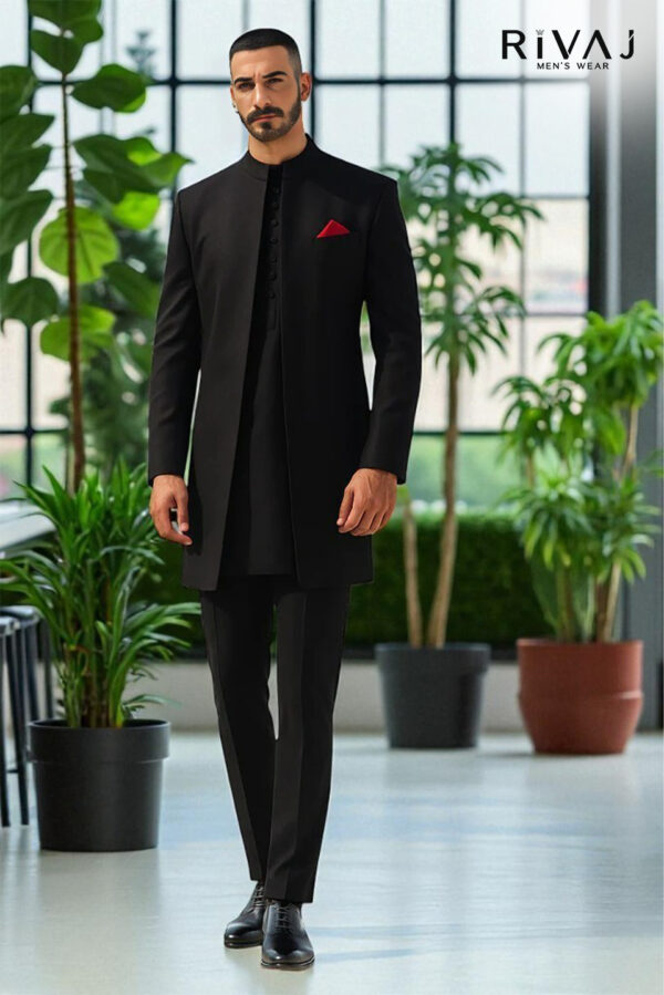 Black Open-Front Sherwani - Barat or Walima Wear