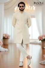 Cream Diamond-Textured Sherwani