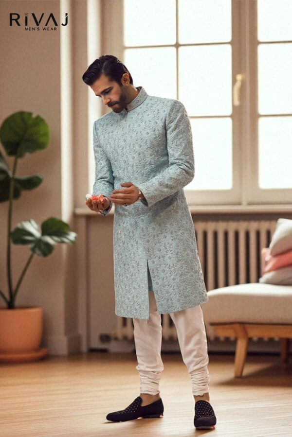 Cream Sherwani with Golden Embellishments & Red Pocket Square