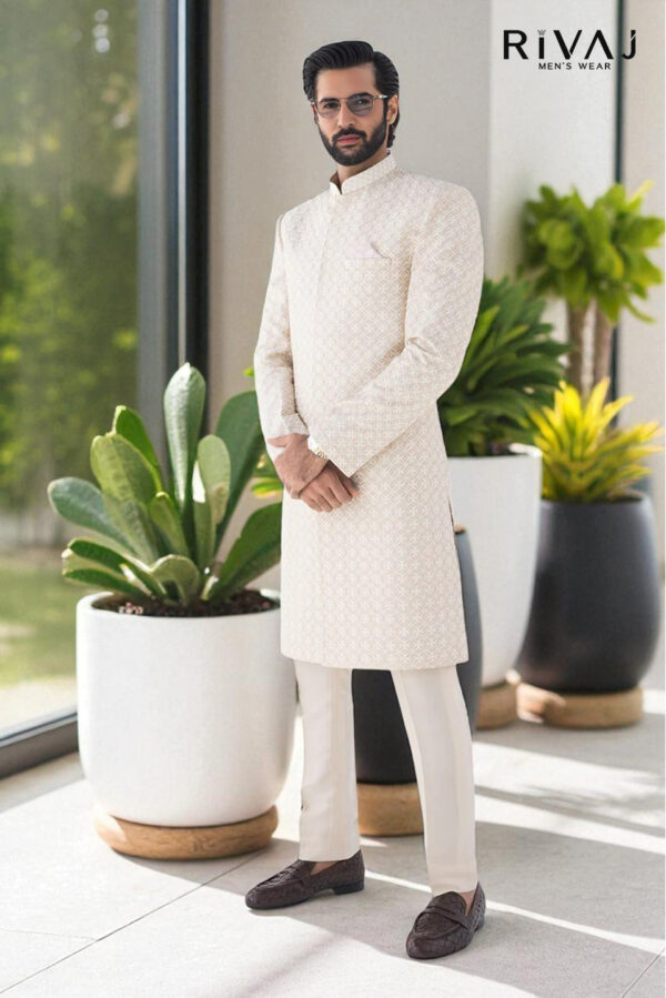 Embroidered Cream Sherwani With Geometric Pattern