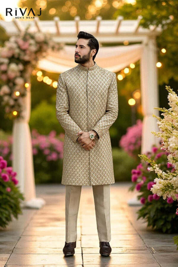 Golden Beige Hand-Embroidered Sherwani – Exclusive Collection
