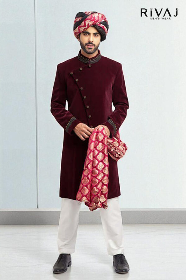 Maroon Velvet Sherwani– Royal Barat Look For Groom