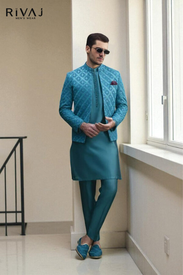 Men’s Formal Teal Blue Embroidered Prince Coat