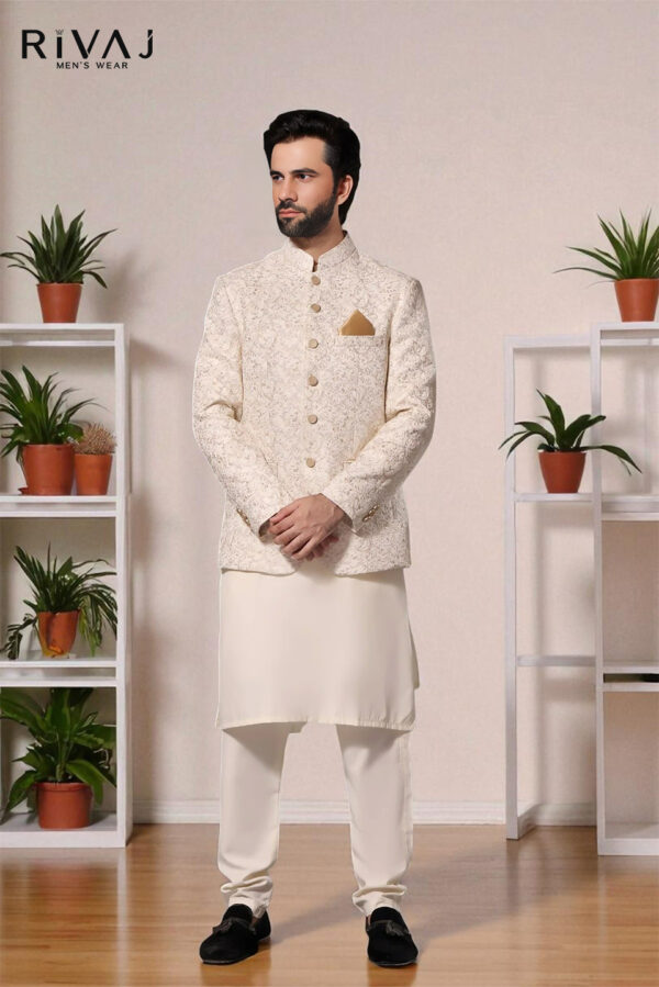 Off-White Embroidered Men’s Prince Coat for Weddings