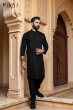 Raw Silk Front Embroidered Kurta Black