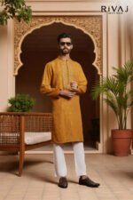 Raw Silk Front Embroidered Kurta Mustard