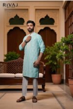 Raw Silk Front Embroidered Kurta Sky Blue