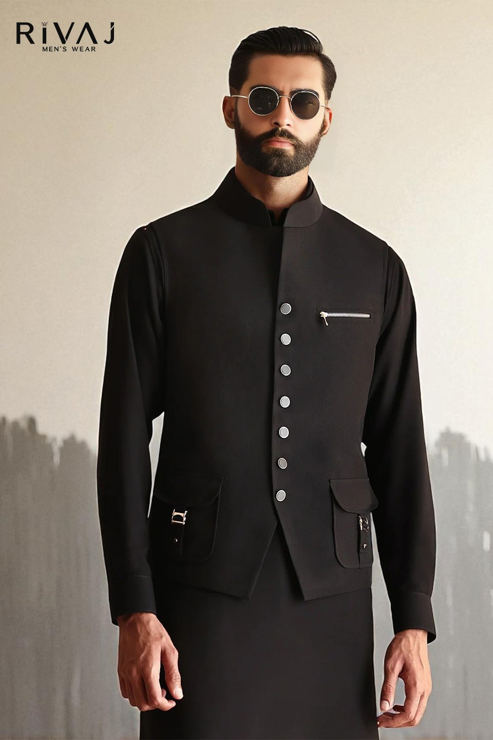 Rivaj Men's Wear - Best Black Zipper Pocket Waistcoat 3 in Karachi - Premium Wedding Wear Black Zipper Pocket Waistcoat 3 Black Zipper Pocket Waistcoat - Image 2