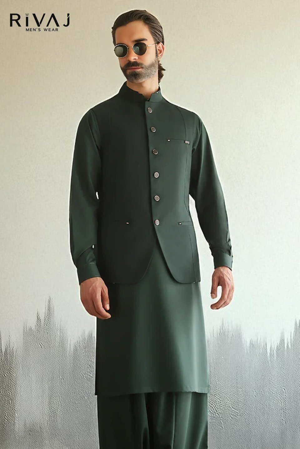 Rivaj Men's Wear - Best Bottle Green Metal Design Waistcoat 2 in Karachi - Premium Wedding Wear Bottle Green Metal Design Waistcoat 2 Bottle green waistcoat with metal button design – elegant men’s ethnic wear