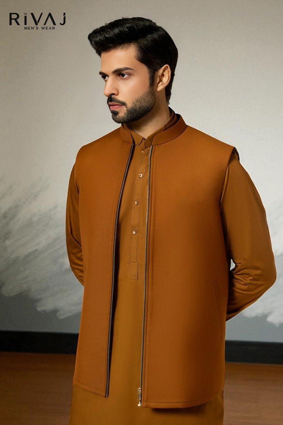 Rivaj Men's Wear - Best Brown Zipper Waistcoat 2 in Karachi - Premium Wedding Wear Brown Zipper Waistcoat 2 Brown waistcoat with front zipper design – modern men’s ethnic wear
